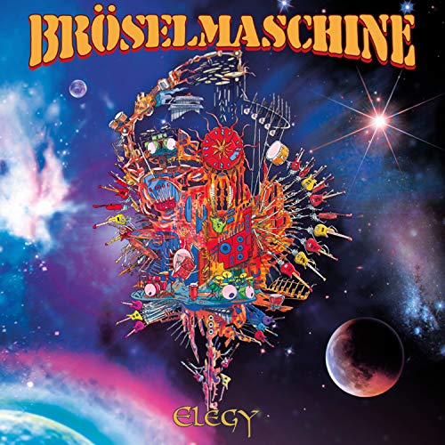 The image depicts a vibrant album cover with a colorful, abstract figure in space. For accessibility purposes, a suitable alt text could be: "Album cover with abstract figure surrounded by musical instruments in space."