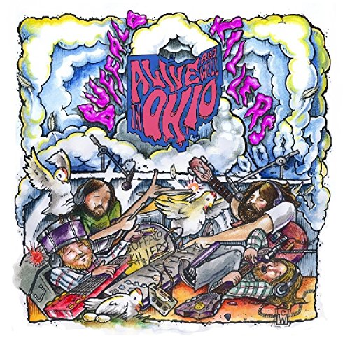 "Album cover art featuring cartoon musicians surrounded by doves and smoke."