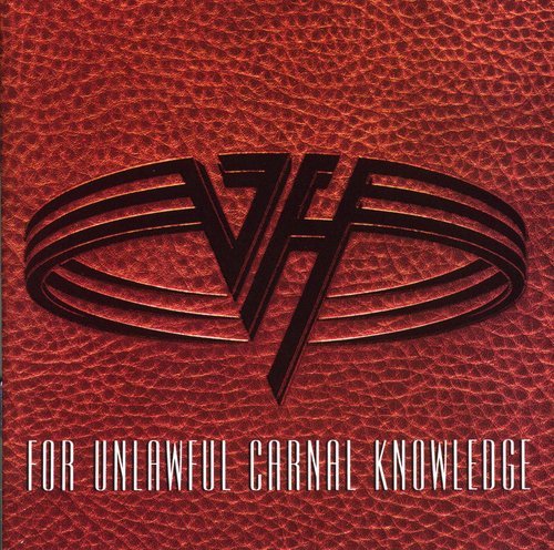 Van Halen album cover with red leather background, black logo, and album title text.