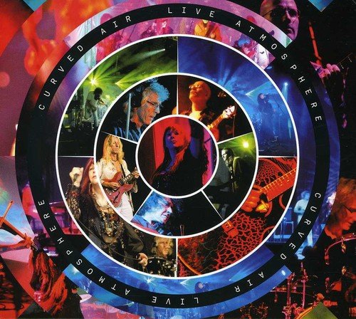 "Album cover with spiral design, multicolored images, and text 'Curved Air Live Atmosphere'."