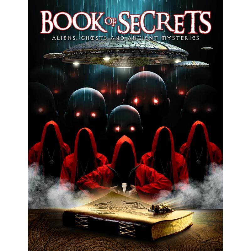 DVD cover with UFO, hooded figures, and an open ancient book.