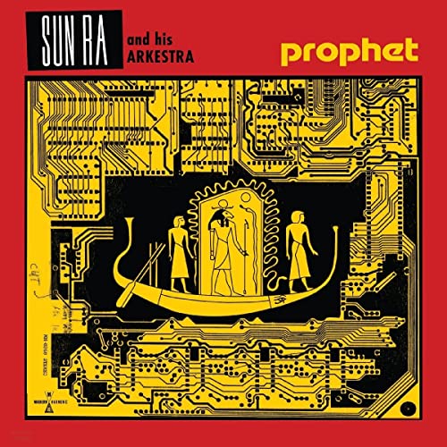 Yellow and black album cover for Sun Ra’s “Prophet” with circuit board imagery.