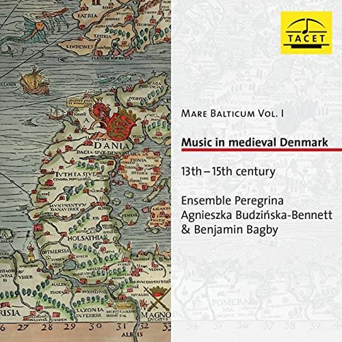 CD cover: medieval map of Denmark with text about music, 13th-15th century.