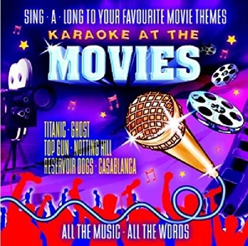 "Karaoke At The Movies" CD cover with microphone, film reel, and silhouetted crowd.