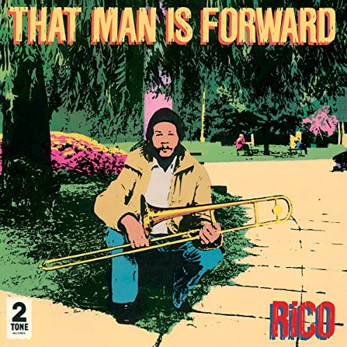 Album cover: Rico playing trombone in a park, vibrant colors.