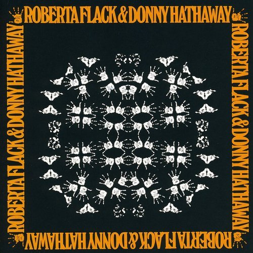 "Album cover with black background, white handprints, and orange text featuring Roberta Flack and Donny Hathaway."