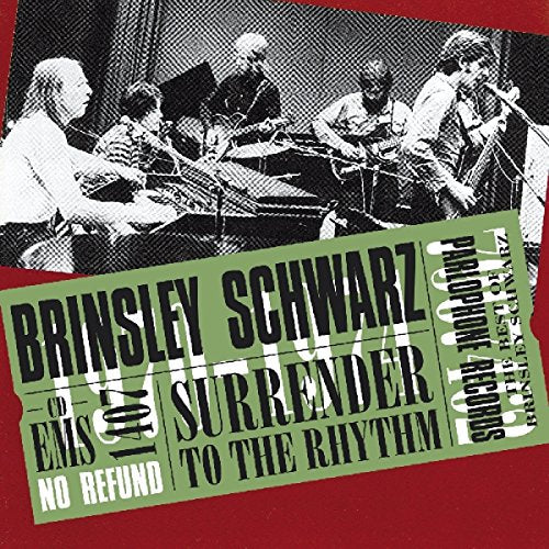"Album cover with red background, green ticket graphic, and black-and-white band photo."