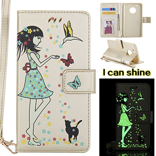 Golden phone case with floral design, girl, butterflies, and card slots.