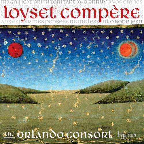 "CD cover featuring medieval landscape with stars, moons, and text 'Loyset Compère' and 'The Orlando Consort'."