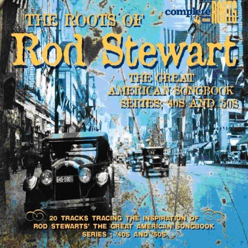 "CD cover with vintage city street scene and yellow text, featuring 'Rod Stewart' prominently."