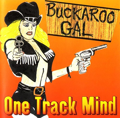 Illustration of a blonde cowgirl holding two revolvers against an orange background.