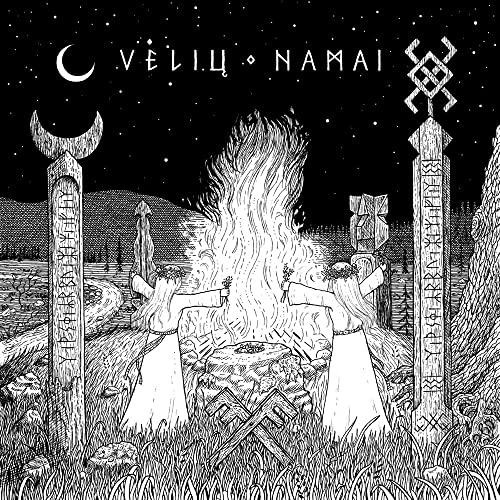 Black and white illustration of a bonfire with figures and runestones.