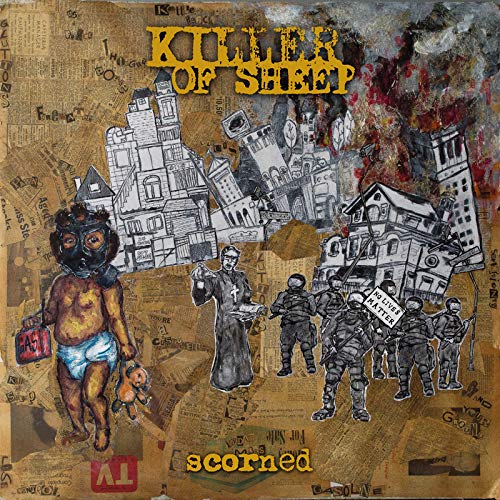 Collage album cover with figures, buildings, and protest imagery in muted tones.