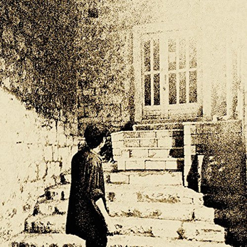 Grainy sepia photo of a person in dark clothing walking up stone steps.