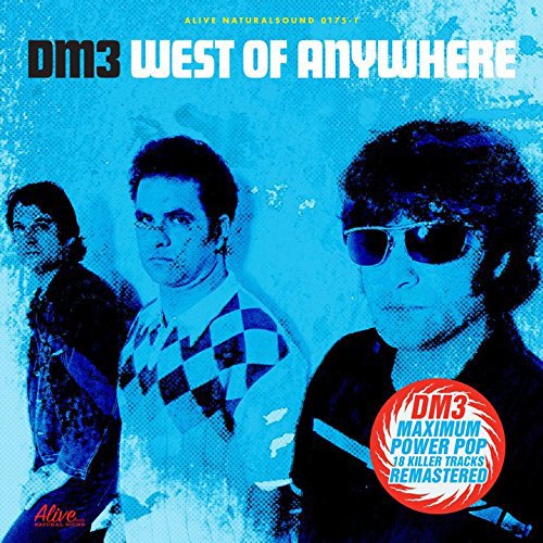 The image is a vinyl album cover featuring three men. Alt text: Blue-tinted album cover with three men and red circular logo.