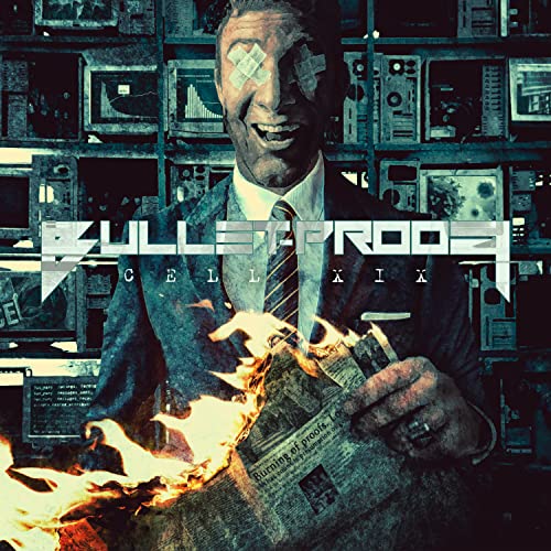 CD cover: man with taped eyes, burning papers, and many TVs.