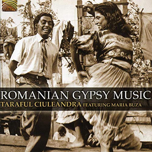 CD cover: Romanian musicians dancing, sepia toned, text “Romanian Gypsy Music”.