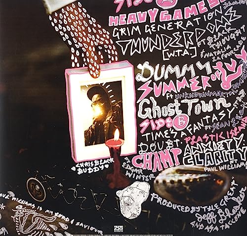 Vinyl record cover with a black and white portrait, candles, and graffiti.