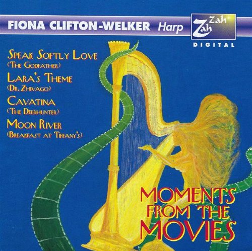 "CD cover with harp illustration, blue background, and 'Moments from the Movies' title."