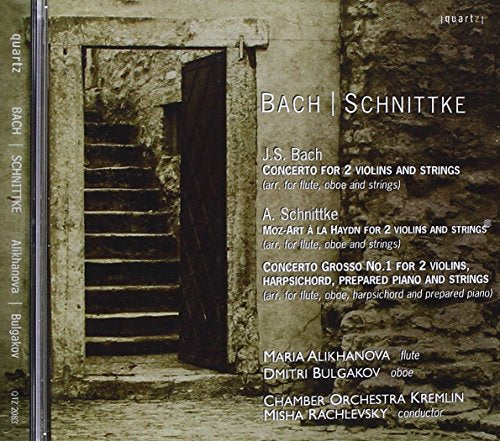 CD cover featuring a weathered doorway and composers Bach and Schnittke.