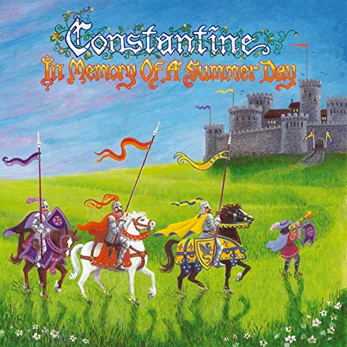"Album cover art: knights on horseback, castle in the background, blue sky."