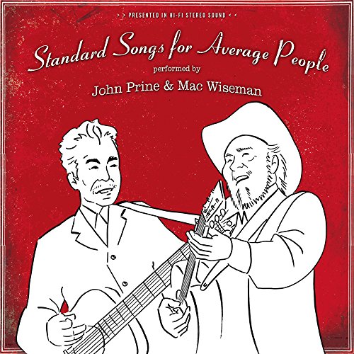 "Album cover with red background, white text, and line drawings of two men playing guitars."
