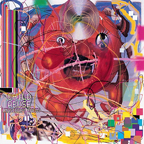 Abstract, distorted face with bright colors and chaotic lines; CD cover.