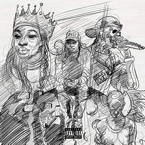 Black and white sketch of four figures, including a crowned woman, on a vinyl album cover.