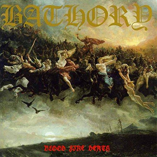 "Bathory album cover featuring a dark, chaotic battle scene with nude figures and horses."