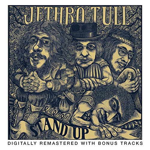 "Jethro Tull album cover with illustration of three men and musical instruments."