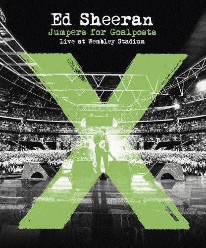 "Ed Sheeran concert Blu-ray cover with green 'X' and black-and-white stadium image."