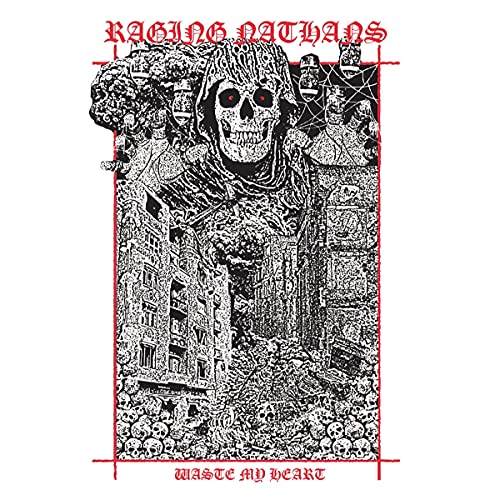 Black and white album cover with skull, city, and floral imagery.