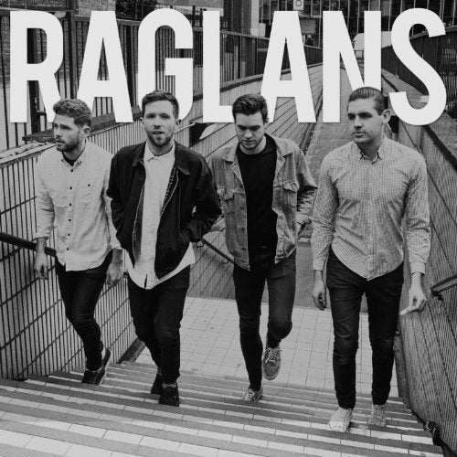 "Black and white album cover featuring four men walking down a staircase."