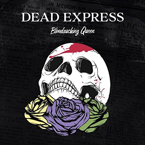 A white skull with bloodstains resting on yellow, purple, and green roses.