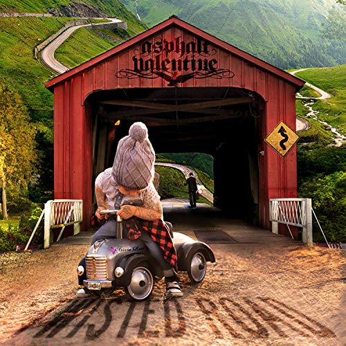 CD cover: couple in toy car under a red covered bridge.