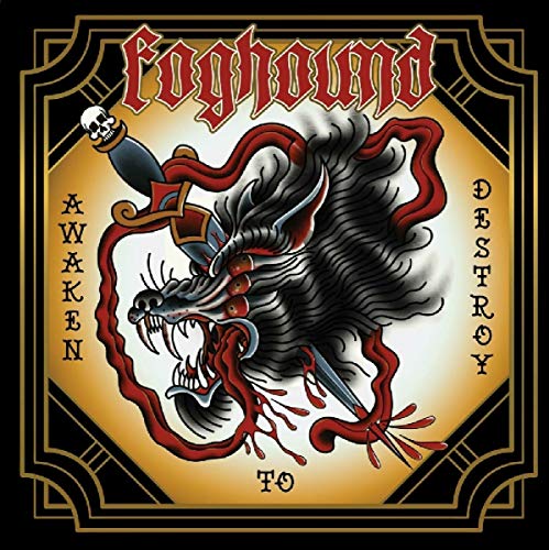Vinyl record cover: wolf’s head with dagger, red and black tattoo style.