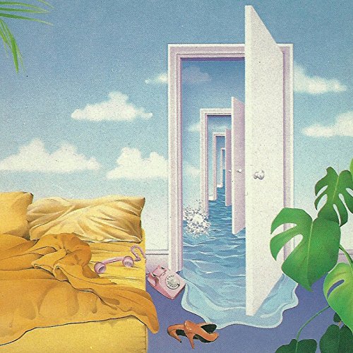 "Album cover art: bedroom with open door revealing a flooded hallway and ocean."