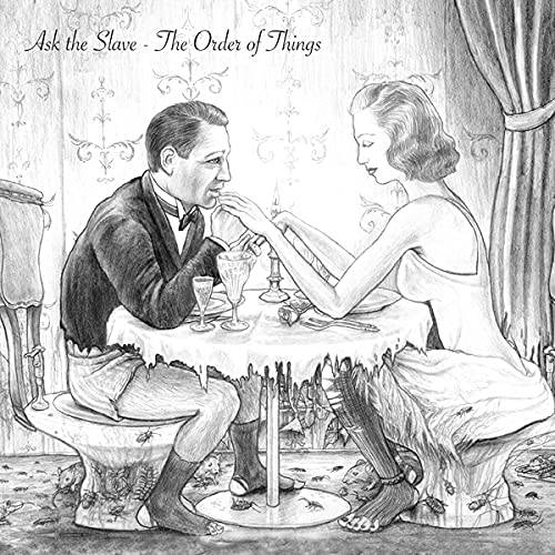 Pencil drawing of a couple at a table with insects, dark and surreal.