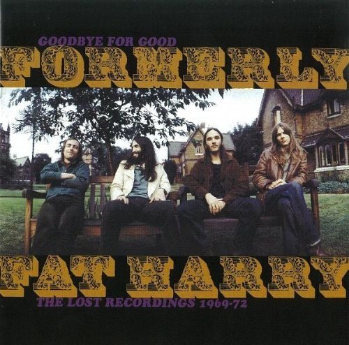 "CD cover with four men sitting on a bench, houses in the background."