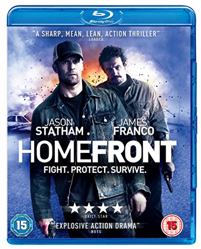 Blu-ray cover for Homefront featuring Jason Statham and James Franco against an action background.