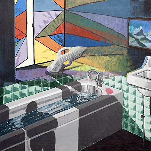 Painting of a bathroom with a floating whale above a filled tub.