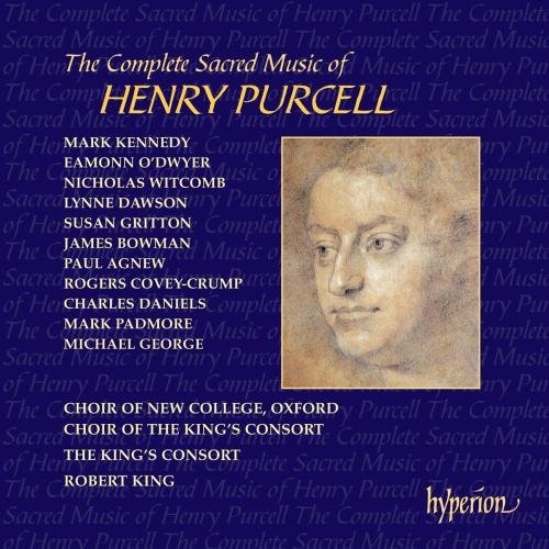"CD cover with portrait of Henry Purcell on blue background with yellow text."