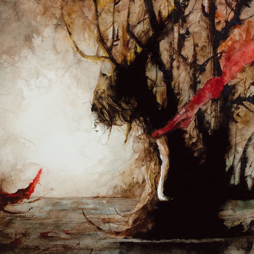 Watercolor painting of a dinosaur with a human-like face in a landscape.