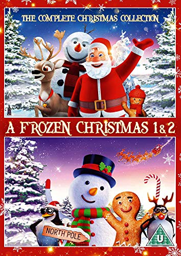 A Frozen Christmas" DVD cover with Santa, snowman, reindeer, and penguins.