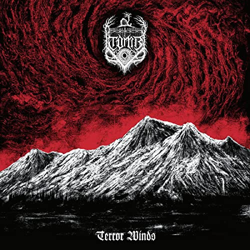 Album cover for T.o.m.b. - Terror Winds, featuring mountains and swirling red textures.