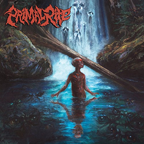 Album cover: figure in water beneath a waterfall, dark fantasy art.