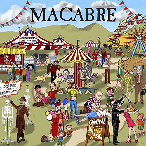 "Album cover art featuring a cartoon carnival scene with various killers."
