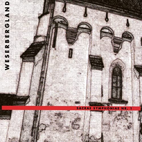 Black and white photo of a church facade, red banner with text.