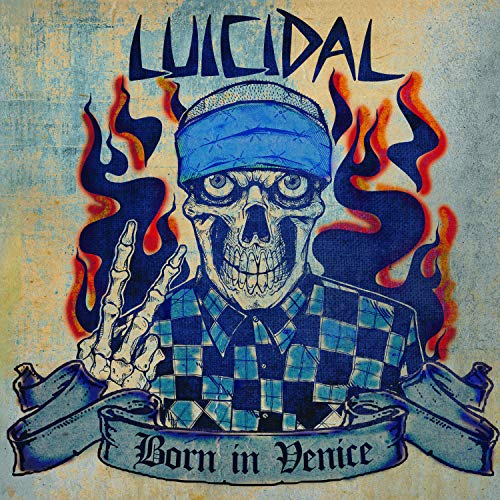 Vinyl album cover with a skeleton wearing a blue bandana and checkered shirt.