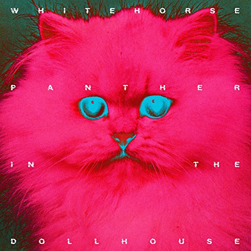 A vinyl record cover featuring a pink cat with blue eyes and white text overlay.